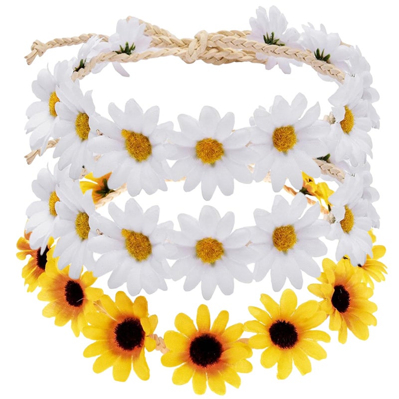 Bnikion 3 Pcs Sunflower Headband Hippie Headbands Crown Headpiece Flower Daisy Headbands for Women Girl 70s Hippie Boho Hat Accessories Bridal Wedding Summer Beach Party Hair Wreath Garland - Image 1